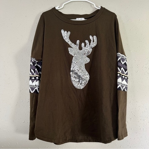 🦋 NWT Qearal Brown Deer Sequin Long Sleeve Shirt Casual XL Reindeer Christmas - Picture 2 of 8